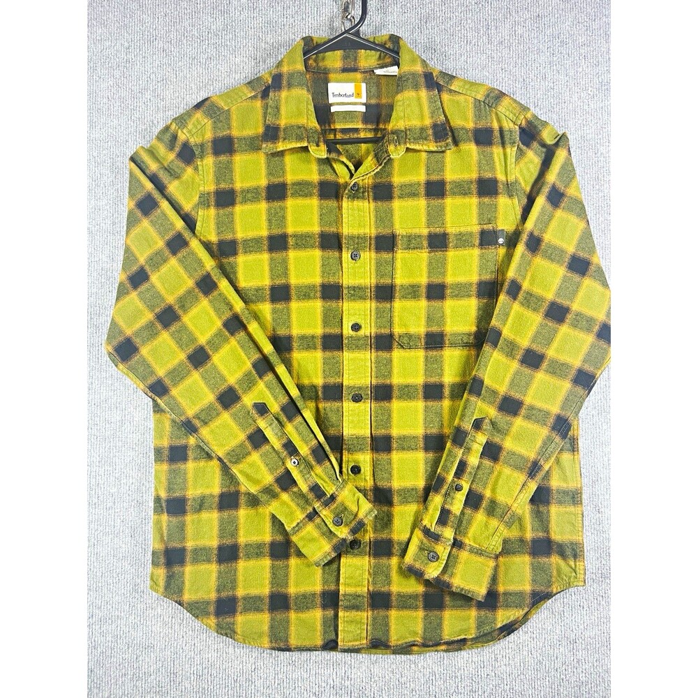 Timberland Men's L Green Black Yellow Plaid Flannel Long Sleeve Button-Up